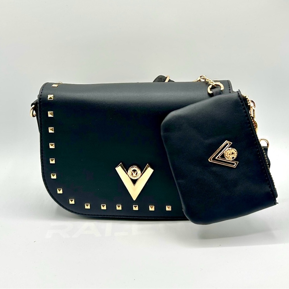 Valentino Orlandi Black Studded Medium Crossbody Bag with Wallet